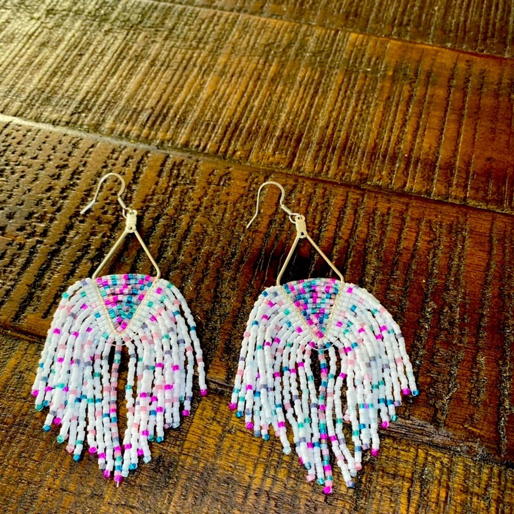 New hand beaded indigenous made fringe earrings (Blackfoot)